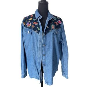 Vintage Denim Western Shirt Womens L Blue Embroidered Yoke Cowgirlcore Rodeo